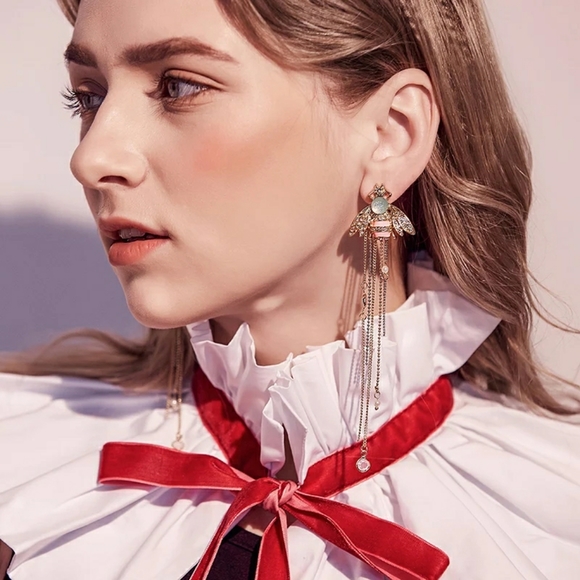 Enamel Bee Crystal & Rhinestone Gold Drop Earrings - Picture 3 of 8